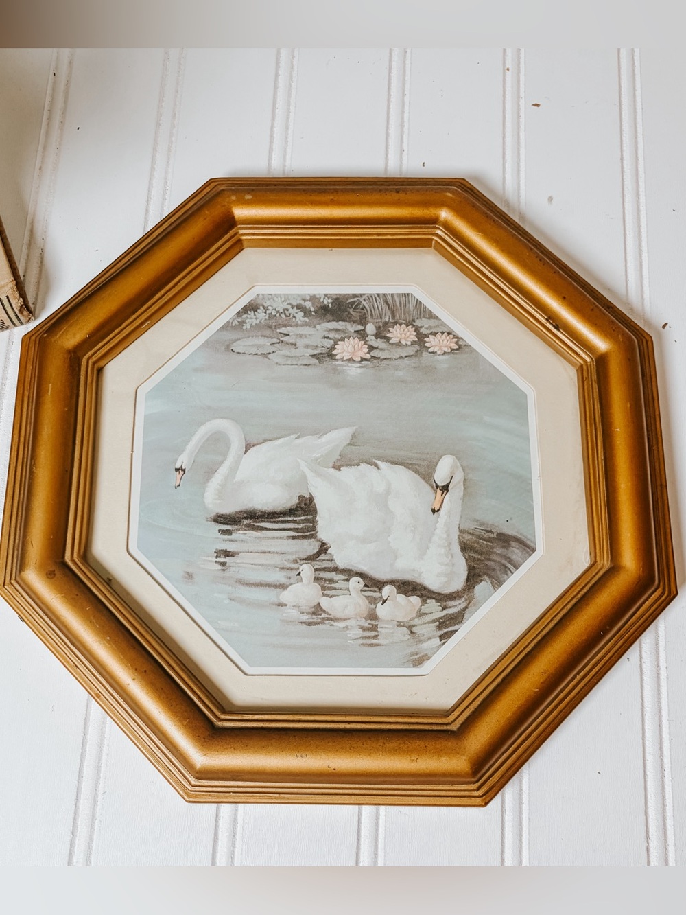 Vintage Gold Framed Swan Print | Octagonal Frame | Gallery Wall